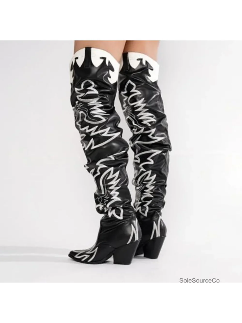 Women's Slouchy Pull-On Thigh High Boots Chunky Heel Pointed Toe Faux Leather